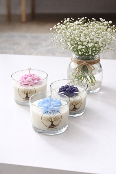 Tomris Hatun 3'lü Set;Çiçek Serisi Soya Wax Mum,Dekoratif Çiçekli Esanslı Soy...
