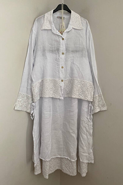 AYASOFYA OTANTIK Women's Italian White Lace Detailed 2-Piece Shirt and Skirt ...