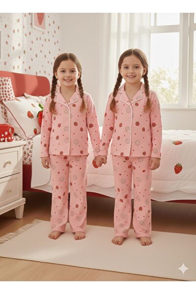 SERRASTIL Kız Çocuk Pijama Takımı Pembe Renkli Çilek Desenli Pamuklu Uzun Kol