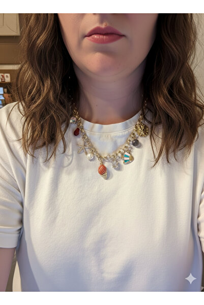 Sâden Collection Yaz Tılsımı Renkli Taşlı İnci Detaylı Marin Temalı Şans Kolyesi