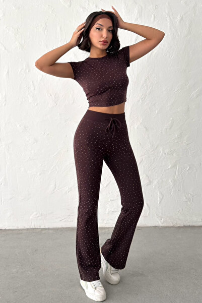 veres Elora Brown Stone Crop Tshirt and Spanish Leggings Top and Bottom Set