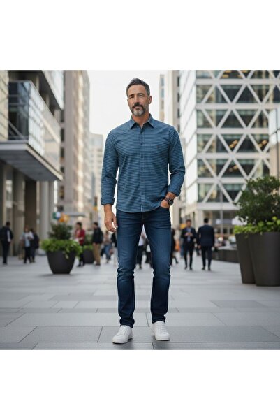 GÖMLEK GALERİSİ Classic Wide Cut Panel Patterned Cotton Long Sleeve Men's Shirt