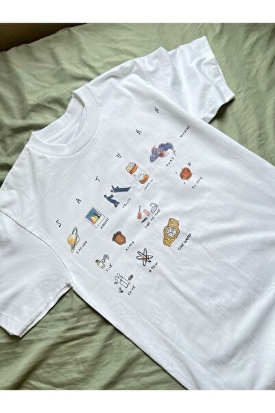 Vordevia تي شيرت أبيض كبير الحجم مطبوع عليه Saturn للجنسين، تي شيرت يومي مريح...