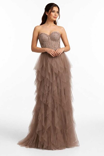 butex Bocuk İşlemeli İp Askılı Eteği Tül DAR KALIP Abiye Elbise 5200btx