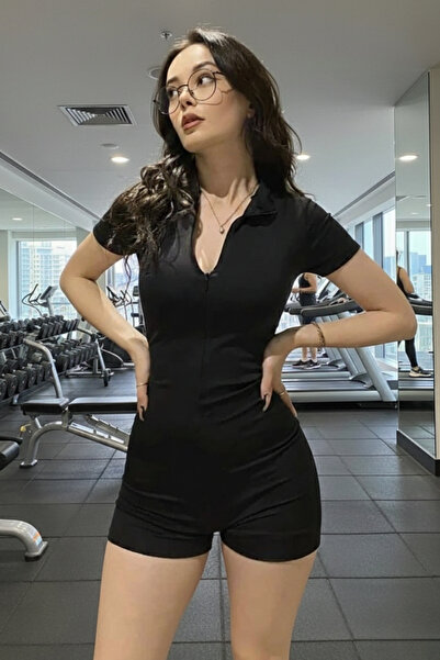 mrm pro Zipper Detailed Sports Jumpsuit Flexible Lycra Matte Black