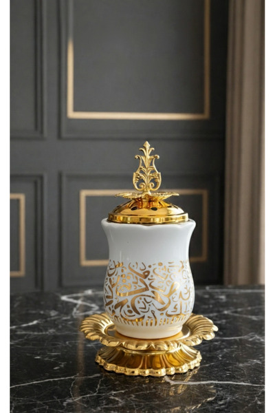 Layansaa Lüks Beyaz Porselen Buhurdanlık – Altın Hat Sanatı İşlemeli Dekorati...