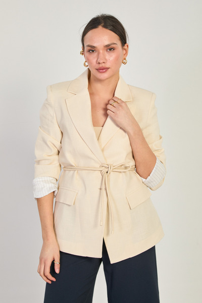 BARRELS AND OIL Women's Striped Linen Blazer Jacket - Natural