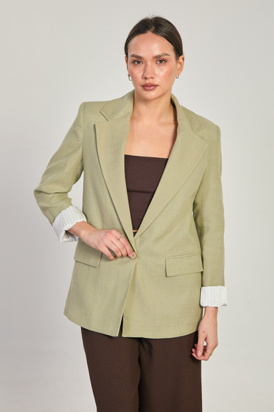 BARRELS AND OIL Women's Striped Linen Blazer Jacket - Green