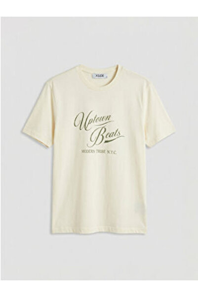 LC Waikiki Beige Crew Neck Nyc Printed Combed Cotton Men's T-Shirt