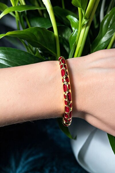 Lumiva accessories Lumiva Kırmızı Zirkon Taşlı Gold Kelepçe Bilezik