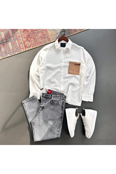 tiggir moda Men's Oversize Straw Pocket Linen Shirt and Jeans 2-Piece Set