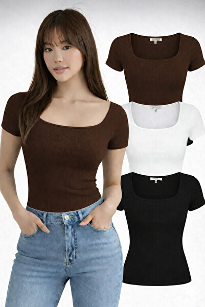 RİEMA Set of 3 U-Neck Short Sleeve Basic Slim Fit Ribbed Cotton Blouse T-Shir...