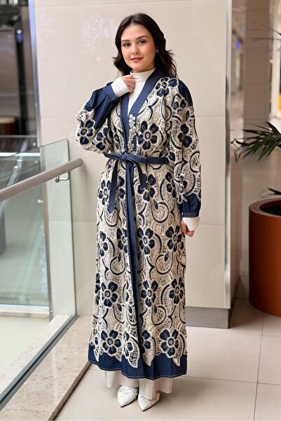 Ceremony Patı Boncuk İşlemeli Denim Dantel Kaftan Kap