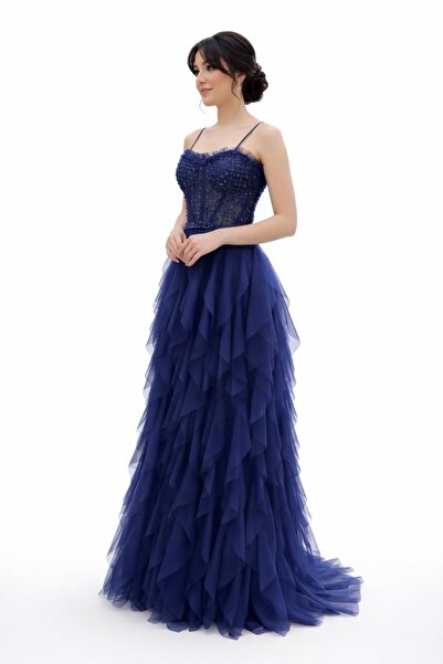 butex Bocuk İşlemeli İp Askılı Eteği Tül DAR KALIP Abiye Elbise 5200btx