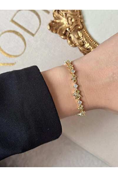 LEROSY CO. Star Detailed Baguette Stone Bracelet Stainless Steel Gold Women's...