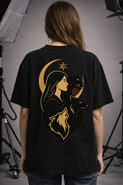 cc collection Women's Oversize Moon Star Women's Wolf Printed Black T-Shirt S...