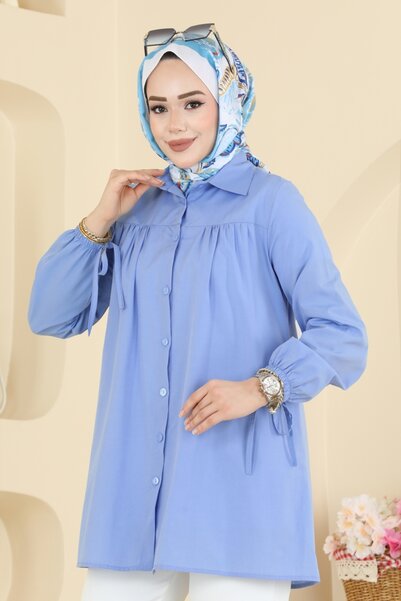 ModaMerve Manşeti Bağcıklı Terikoton Gömlek 337ASN888-MS Bebe Mavisi