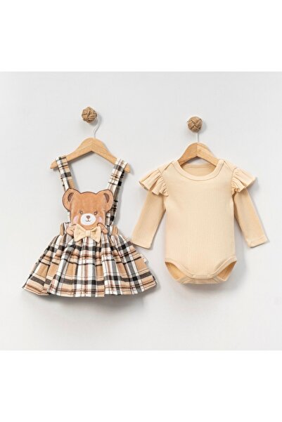 UmBaby Baby Girl Teddy Bear Plaid Dress with Snap Fasteners Body Suit Set for Holidays