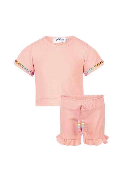 PETIT-ATELlER PETIT ATELIER Girls Peach Ribbed Crystal Bead Trim T-Shirt and ...