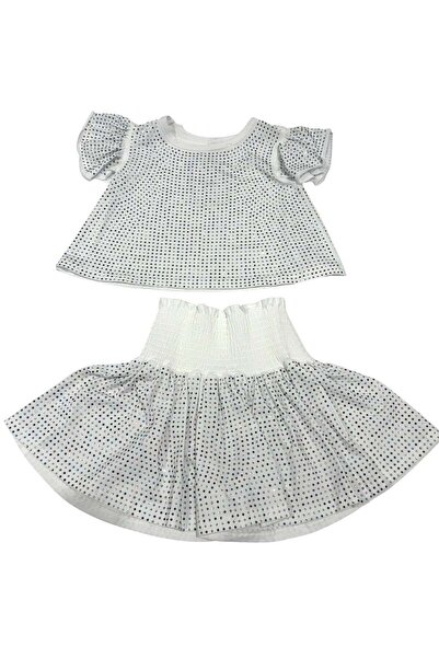 PETIT-ATELlER PETIT ATELIER Girls White Crystal Sequin Ruffle Top and Skirt S...
