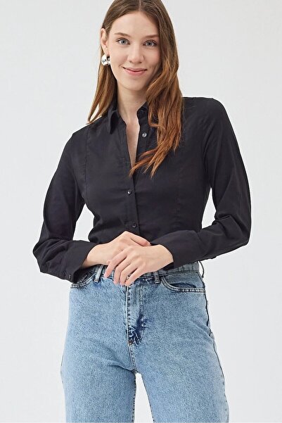 MADAMMERY Women's Slim Fit Fitted Long Sleeve Lycra White Basic Shirt