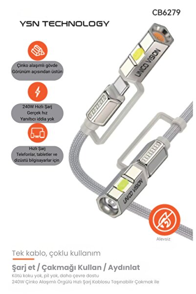 YSNTEKNOLOJİ YSN Technology 240W Type-C Hızlı Şarj Kablosu Çakmak ve El Fener...