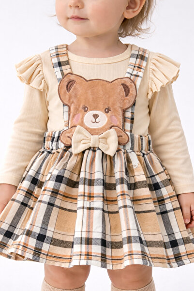 UmBaby Kız Bebek Ayıcıklı Ekose Elbise Çıtçıtlı Body Takım Bayramlık