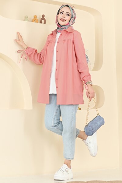 ModaMerve Manşeti Bağcıklı Terikoton Gömlek 337ASN888-MS Gül Kurusu