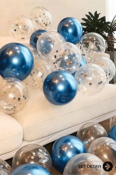 Bunloon 15 Parça Krom Mavi ve Şeffaf Konfetili Balon Seti