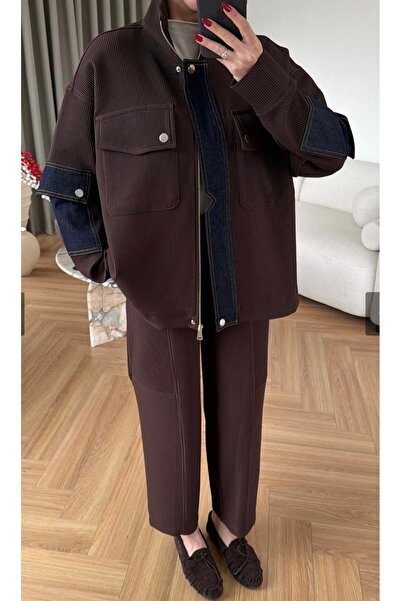 timagna Kadın Denim Garnili Fitilli Fermuarlı Ceket ve Pantolon Takım - Acı K...