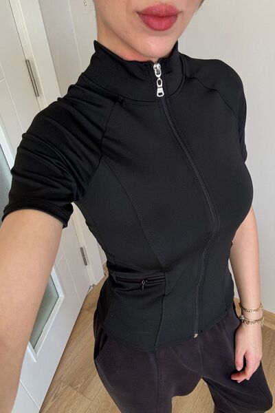 İlayda Toprak Γυναικεία κοντομάνικη αθλητική μπλούζα με φερμουάρ και τσέπες σ...