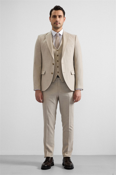 SÜVARİ Bej Slim Sivri Yaka 6 Drop Yelekli Takım Elbise