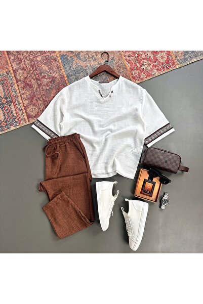 tiggir moda Men's Oversize Linen Embroidered T-Shirt and Pants 2-Piece Set