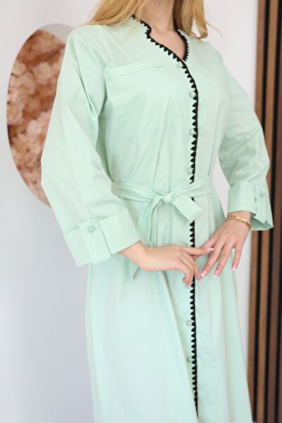 GRODYT Belted Long Dress, Buttoned, Embroidery Detail, Comfortable Fabric, Po...