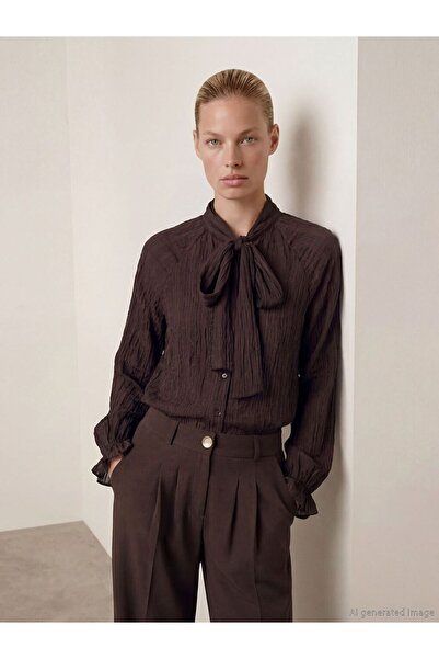 LC Waikiki LCW Vision Kahverengi Fular Yakalı Dokulu Kadın Gömlek