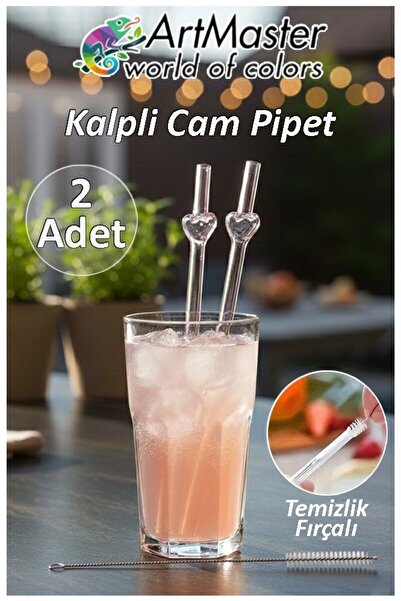 Artmaster Kalp Desenli Cam Pipet 2 Adet 20 Cm Kalpli Cam Pipet Şeffaf Pembe T...