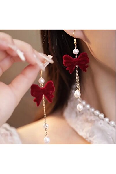 poyas Red Ribbon Pearl Detailed Long Dangle Earrings