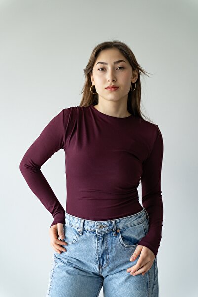 MODA Mürdüm Güpür Detaylı Zıbınlı Body