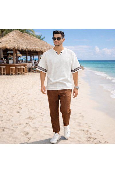 tiggir moda Erkek Oversize Keten Nakışlı Tişört Pantolon 2'li Takım