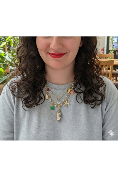 Sâden Collection Kadın Altın Kaplama Deniz Kabuğu ve Yıldız Figürlü Çoklu Zin...