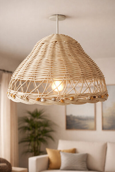 MaviMarinUrla El Yapımı Bambu Rattan Avize, Doğal Deniz Kabukları Tasarımlı S...