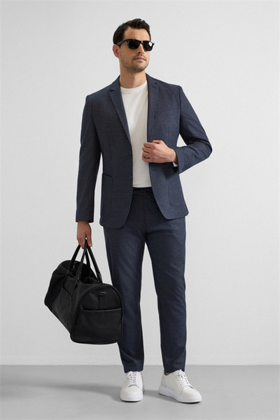 SÜVARİ Lacivert Slim Mono Yaka Düz Torba Cep 6 Drop Takım Elbise