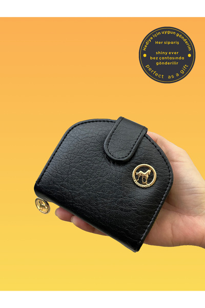 shiny ever Half Moon Black Soft Leather Women's Wallet with Gold Detail