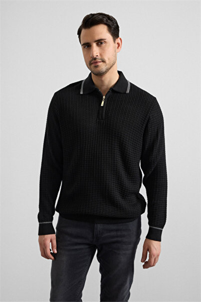 SÜVARİ Siyah Regular Fermuarlı Polo Yaka Kazak