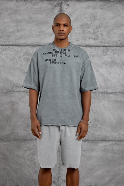 NOMARC Gray Writing Print Washable Oversize Tshirt