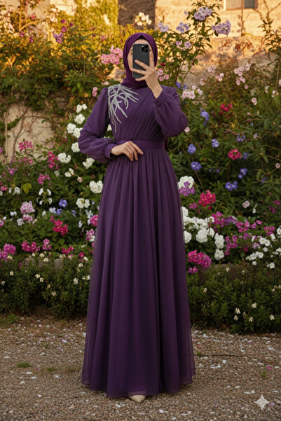 bellura Önü Taş Detaylı Drapeli Kemerli Abiye