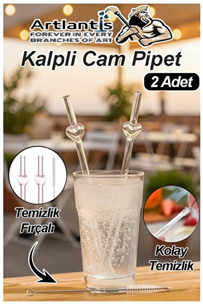 Artlantis Kalpli Cam Pipet 2 Adet Temizlik Fırçalı Cam Pipet Kalp Şekilli Şef...