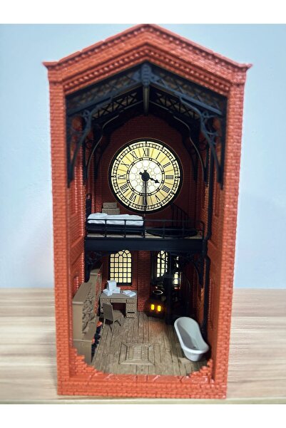 troyaart3d LED Işıklı Saat Kulesi Loft Minyatür Ev – Dekoratif Diorama Kitaplık