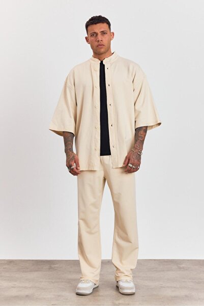 MADZEYMODA Men's Beige Oversize Top and Bottom Set – Wide Cut Kimono Sleeve S...
