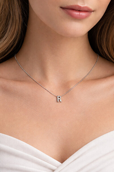 Yush aksesuar R HARFLİ GÜMÜŞ RENK ÇELİK KOLYE